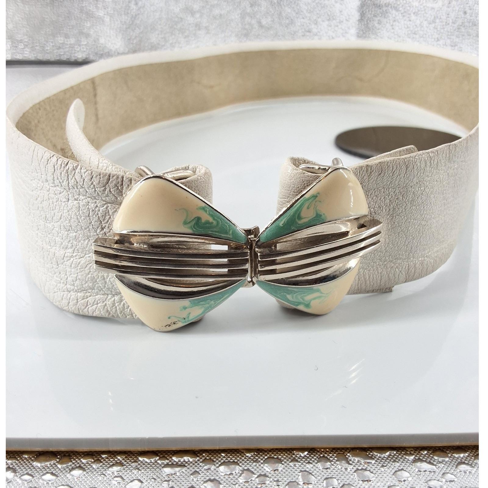 Vintage 80s Cream Goat Leather Cinch Belt Art Deco Enamel Butterfly Buckle 26.5" - View 9
