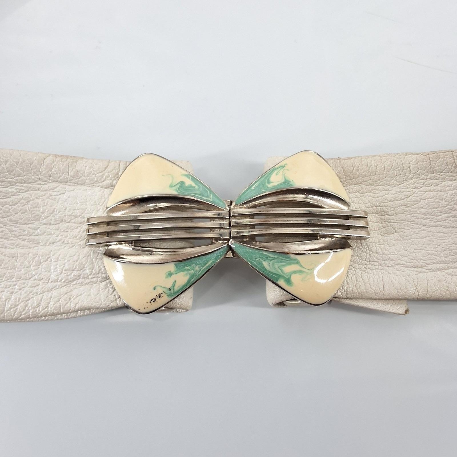 Vintage 80s Cream Goat Leather Cinch Belt Art Deco Enamel Butterfly Buckle 26.5" - View 10
