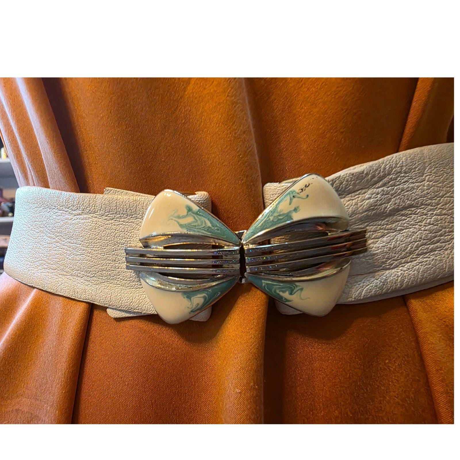 Vintage 80s Cream Goat Leather Cinch Belt Art Deco Enamel Butterfly Buckle 26.5" - View 12
