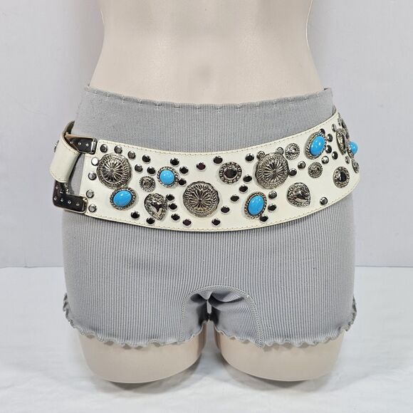 Vintage 80s Cream Goat Leather Cinch Belt Art Deco Enamel Butterfly Buckle 26.5" - View 16