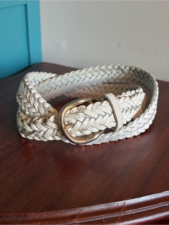 Vintage 80s Cream Goat Leather Cinch Belt Art Deco Enamel Butterfly Buckle 26.5" - View 18