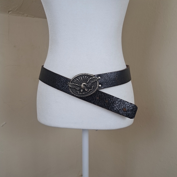 Vintage 80s Cream Goat Leather Cinch Belt Art Deco Enamel Butterfly Buckle 26.5" - View 23