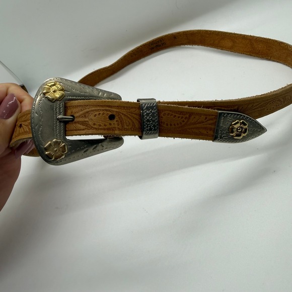 Vintage 80s Cream Goat Leather Cinch Belt Art Deco Enamel Butterfly Buckle 26.5" - View 28