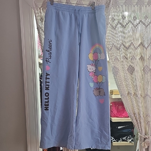 Hello Kitty Heather Grey Graphic Jogger Sweatpants Sanrio Blue Bows Medium - View 18