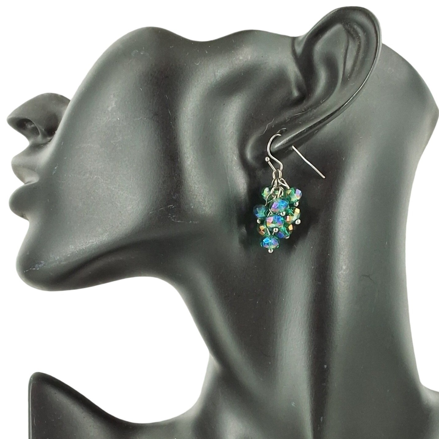 Handmade Emerald Green Iridescent Glass Bead Stretch Bracelet & Cluster Earrings