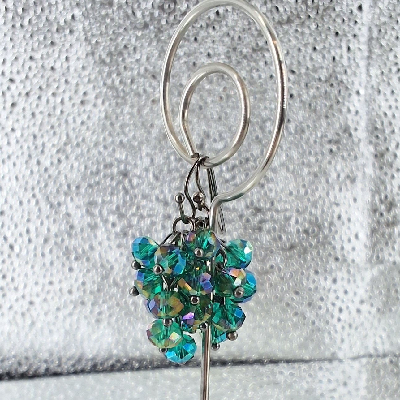 Handmade Emerald Green Iridescent Glass Bead Stretch Bracelet & Cluster Earrings - View 6