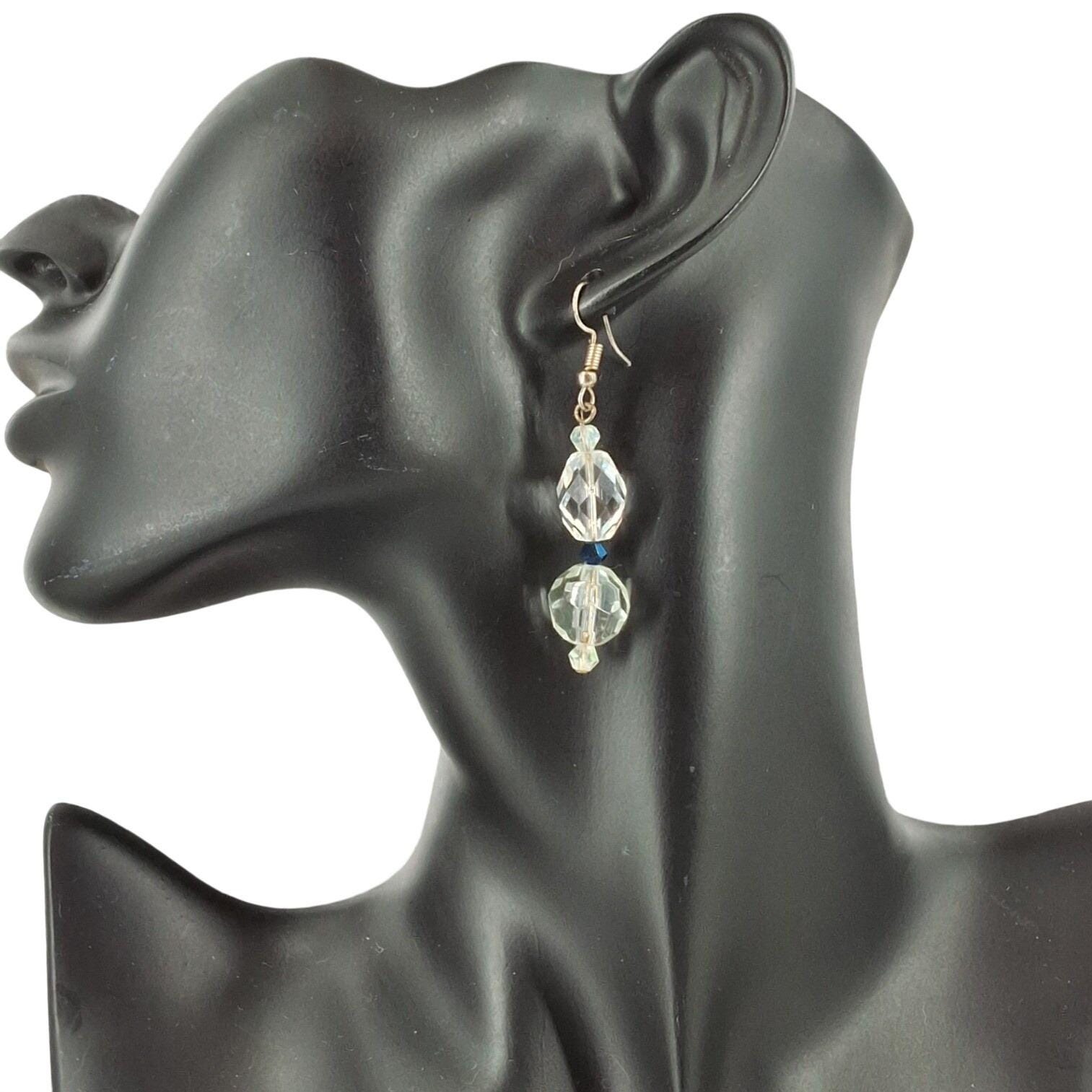 Vintage Style Clear Faceted Glass Blue Crystal Drop Earrings Silver Tone Hooks