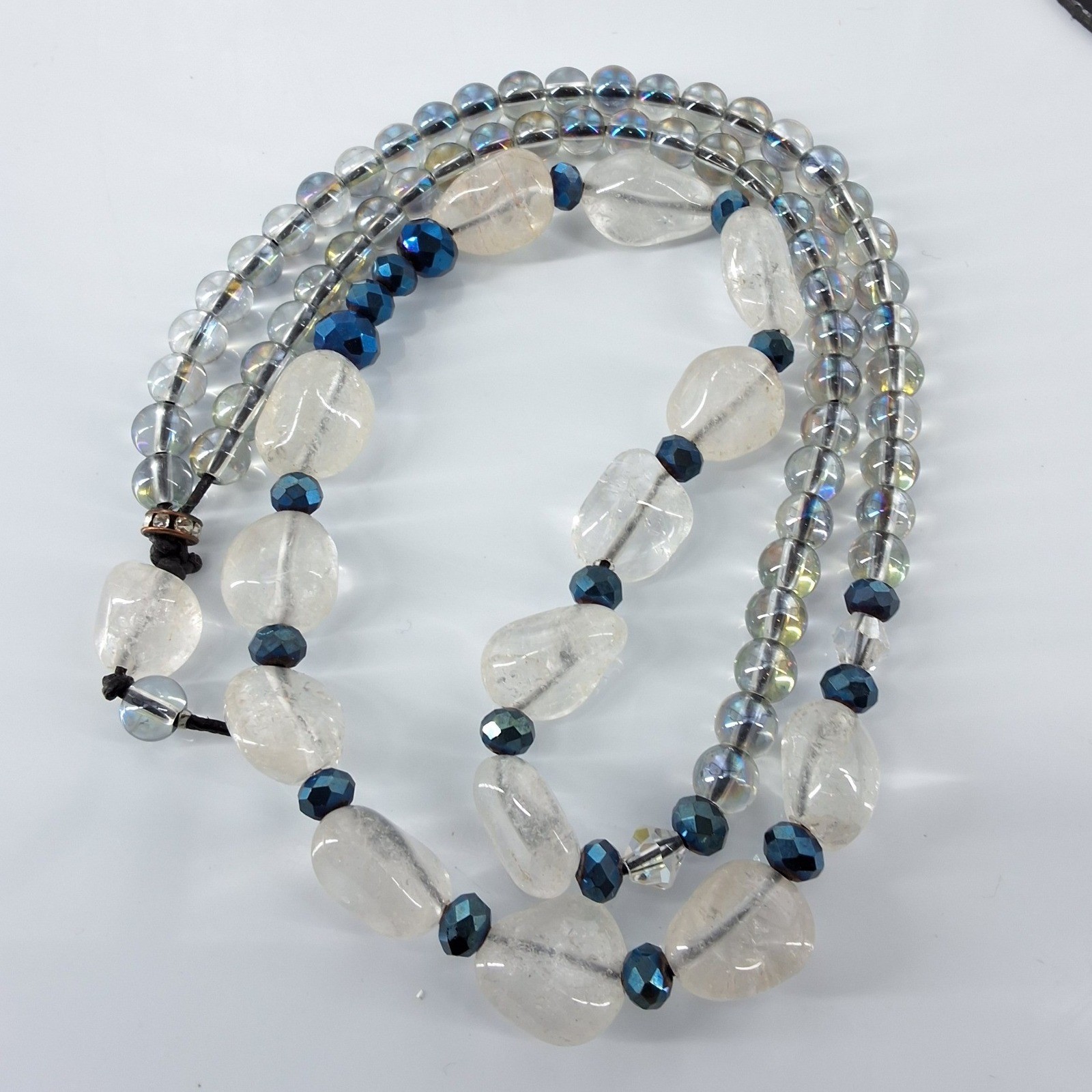 Clear Quartz Nugget Beaded Necklace Iridescent Glass Blue Accents Boho 24 Inch