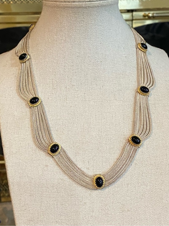 Vintage Sterling Silver 925 Cobalt Blue Glass Amethyst Teardrop Necklace 24" - View 34