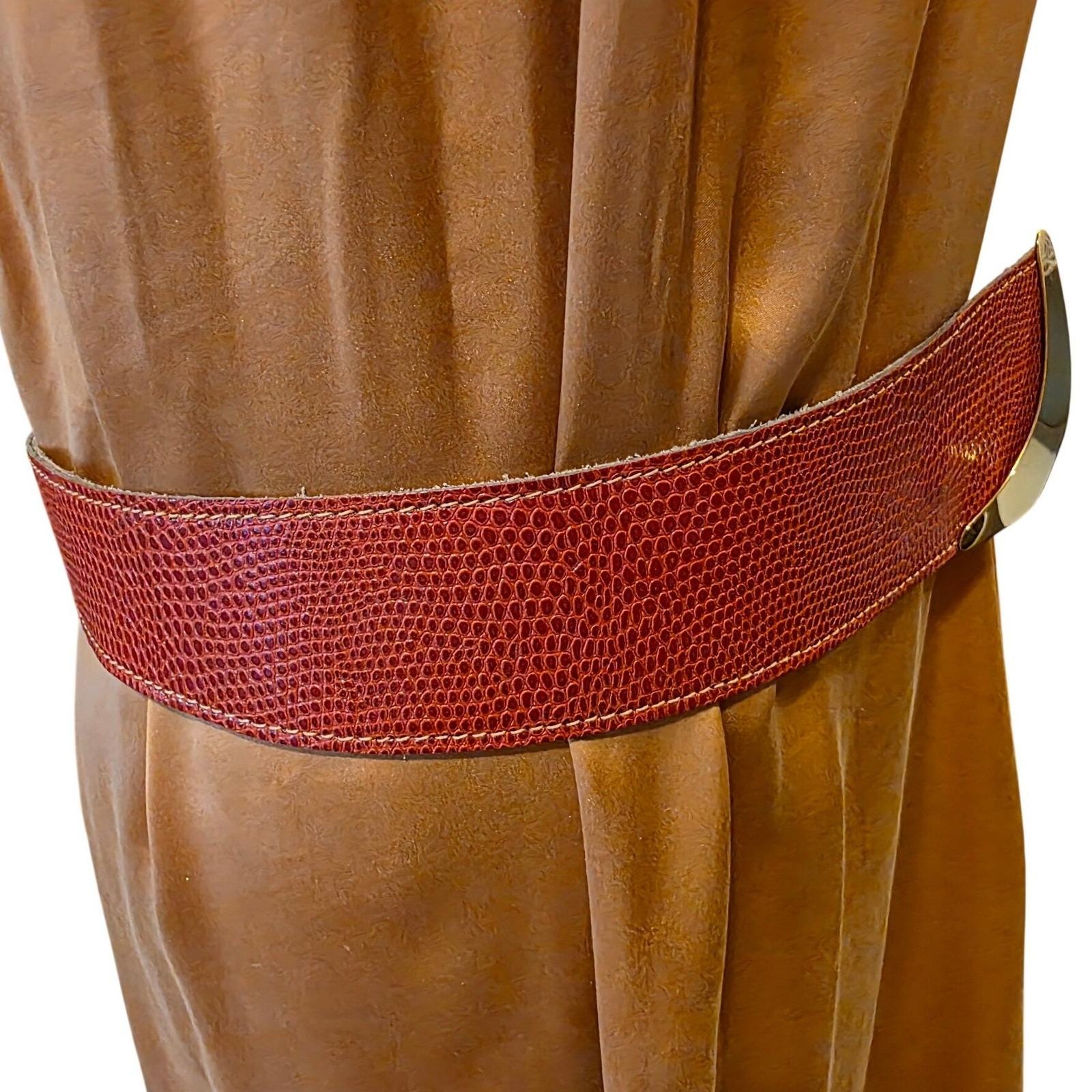 Carlson Vintage Red Leather Lizard Embossed Suede Belt Gold Modernist Buckle L - View 5