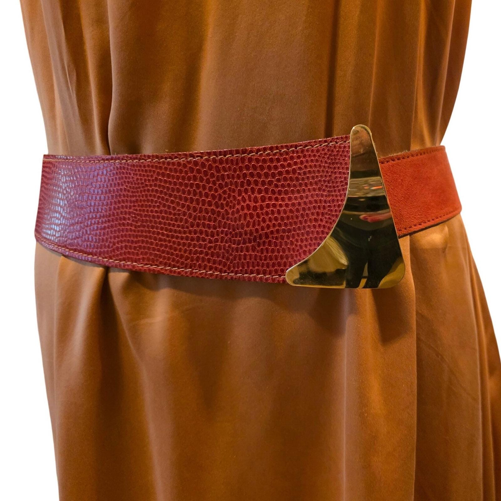 Carlson Vintage Red Leather Lizard Embossed Suede Belt Gold Modernist Buckle L - View 8