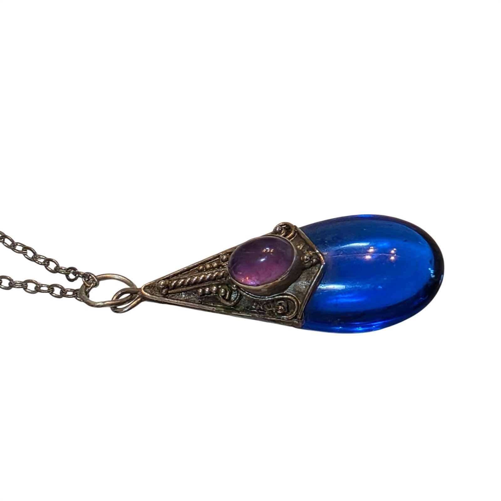 Vintage Sterling Silver 925 Cobalt Blue Glass Amethyst Teardrop Necklace 24" - View 5