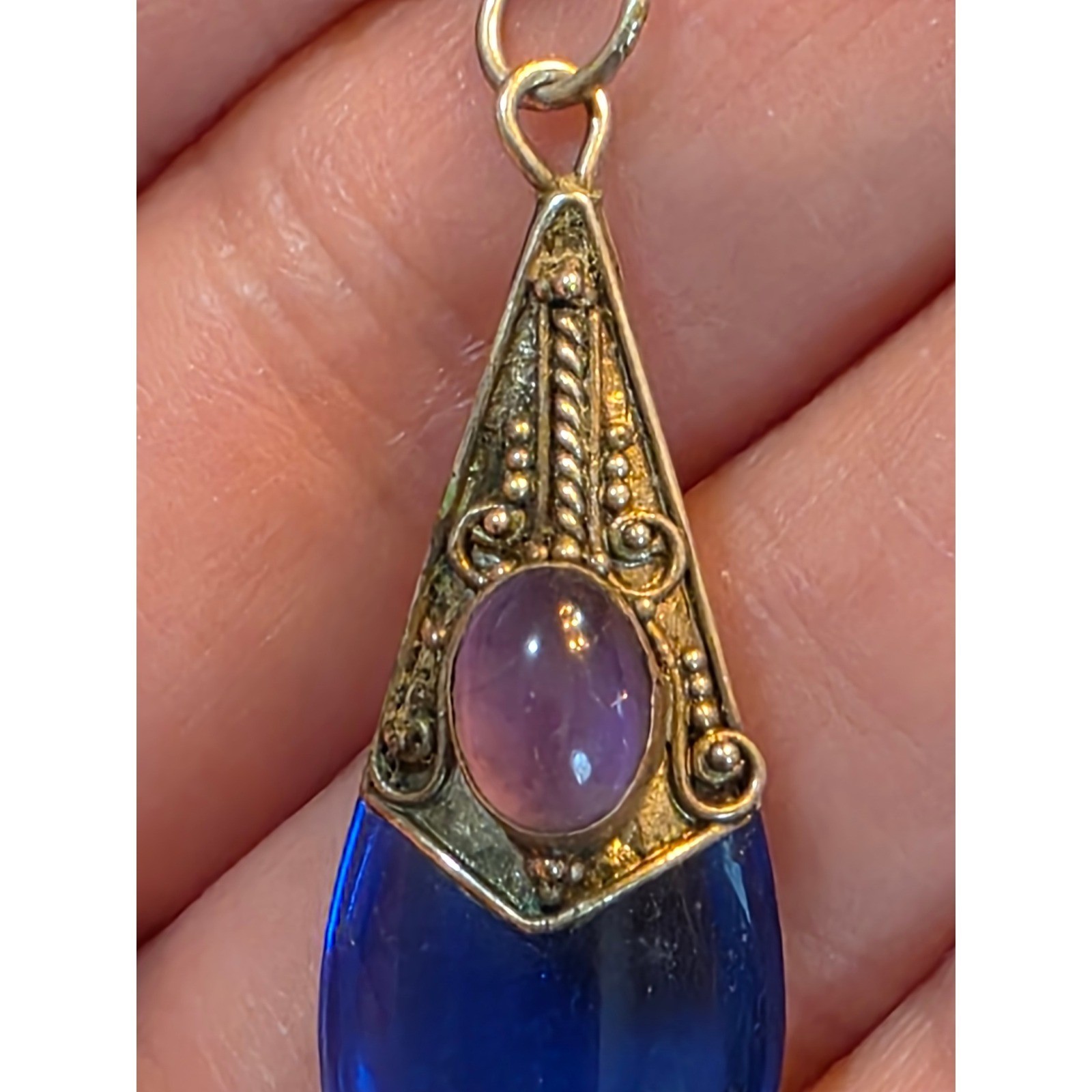 Vintage Sterling Silver 925 Cobalt Blue Glass Amethyst Teardrop Necklace 24" - View 15
