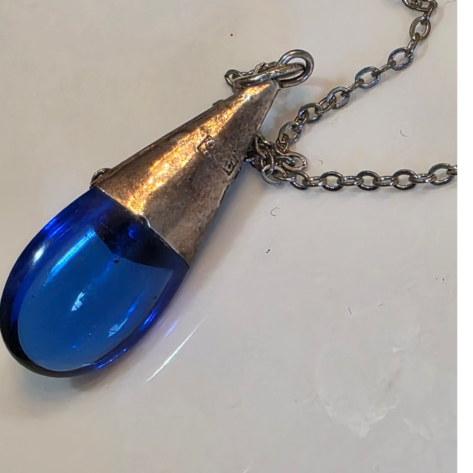 Vintage Sterling Silver 925 Cobalt Blue Glass Amethyst Teardrop Necklace 24" - View 18