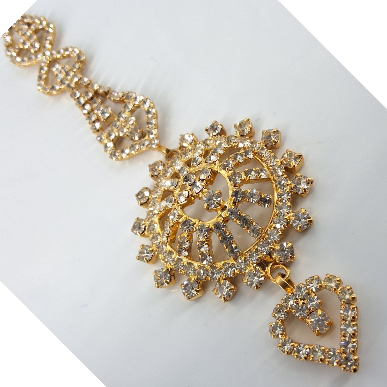 Gold Tone Rhinestone Maang Tikka Heart Sunburst Indian Bridal Headpiece 6.5in - View 3