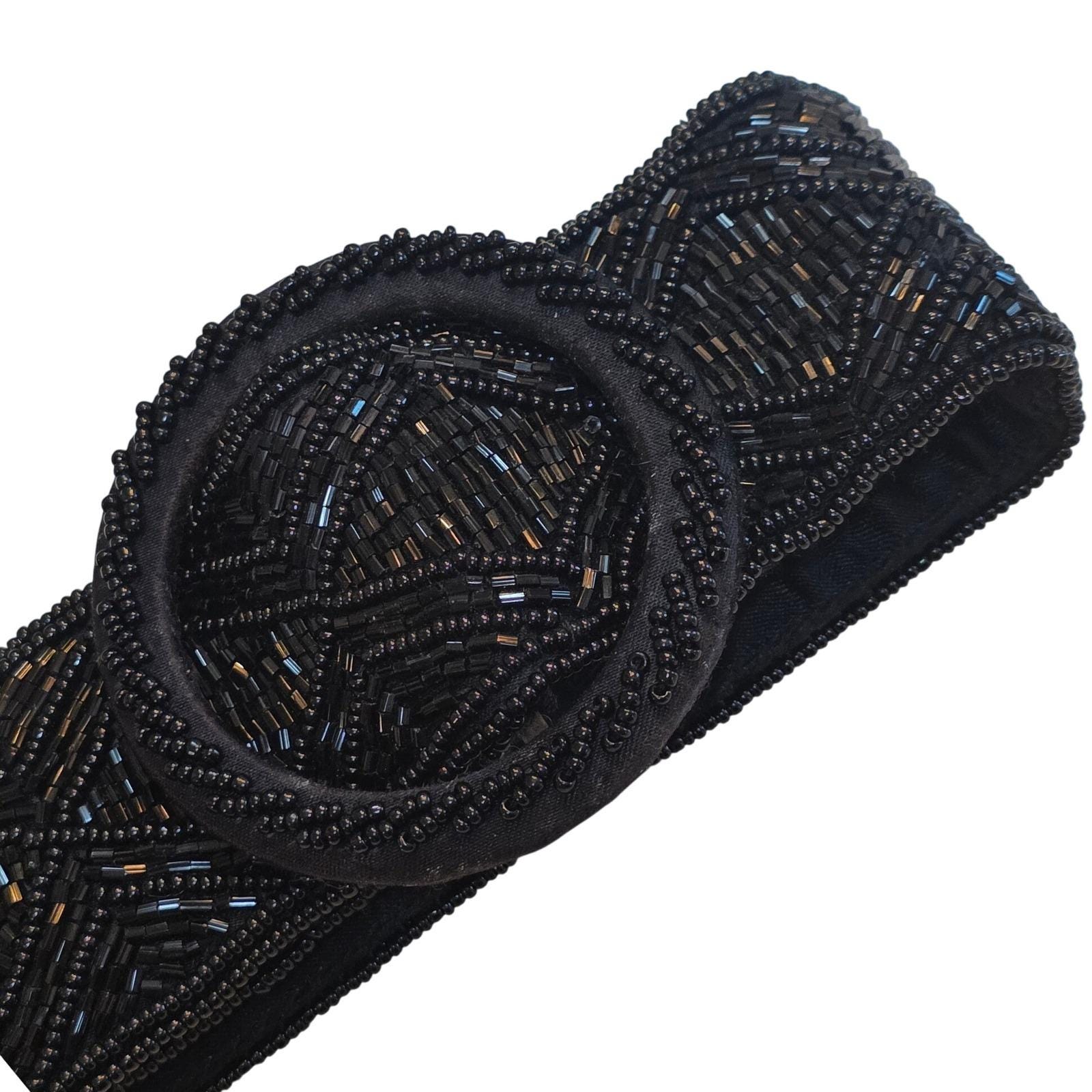 La Regale Vintage Black Beaded Geometric Diamond Round Buckle Belt Size M - View 8