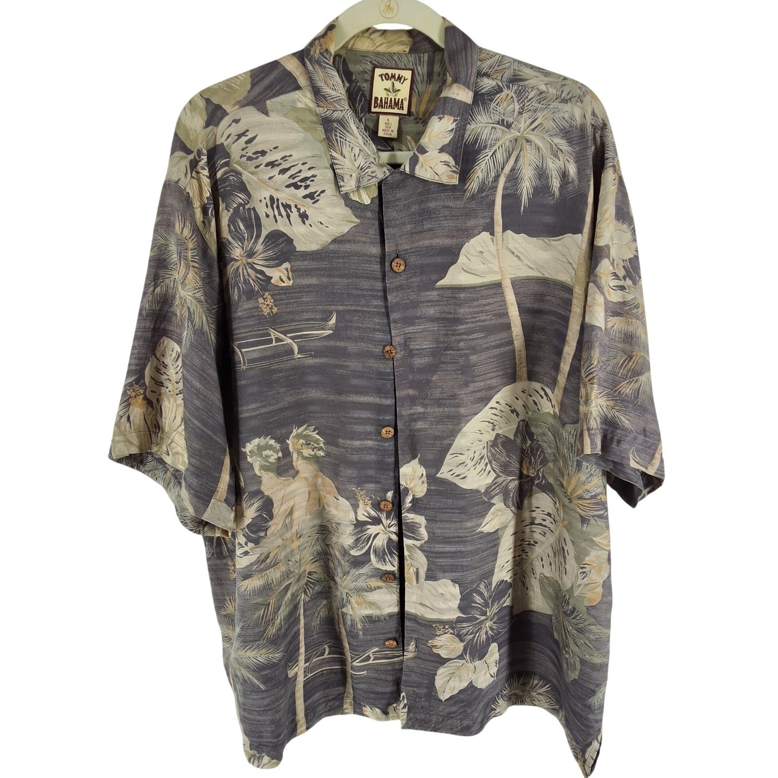 Tommy Bahama Mens L Grey Silk Hawaiian Camp Shirt Hula Palm Tree Print - View 9