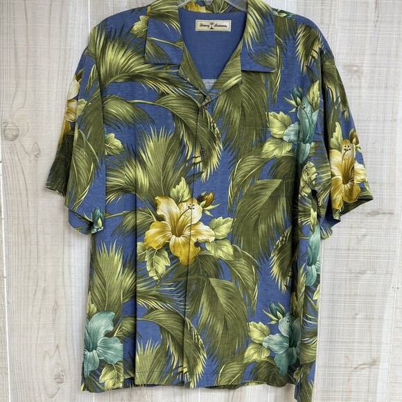 Tommy Bahama Mens L Grey Silk Hawaiian Camp Shirt Hula Palm Tree Print - View 13