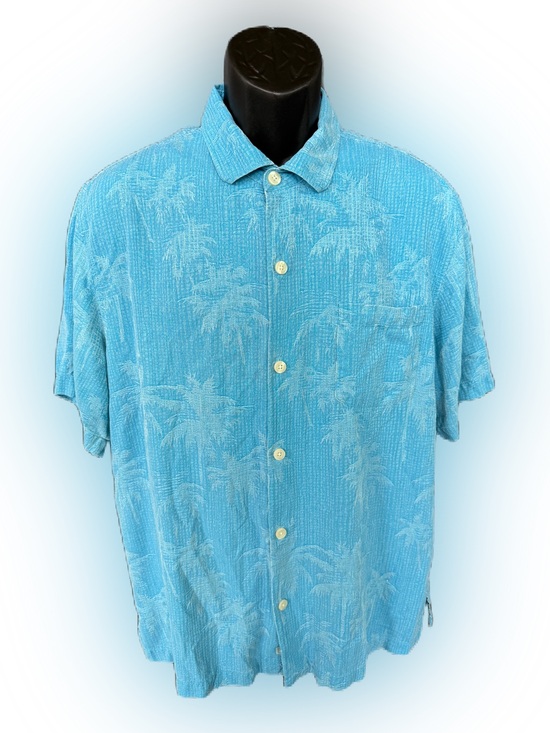 Tommy Bahama Mens L Grey Silk Hawaiian Camp Shirt Hula Palm Tree Print - View 14