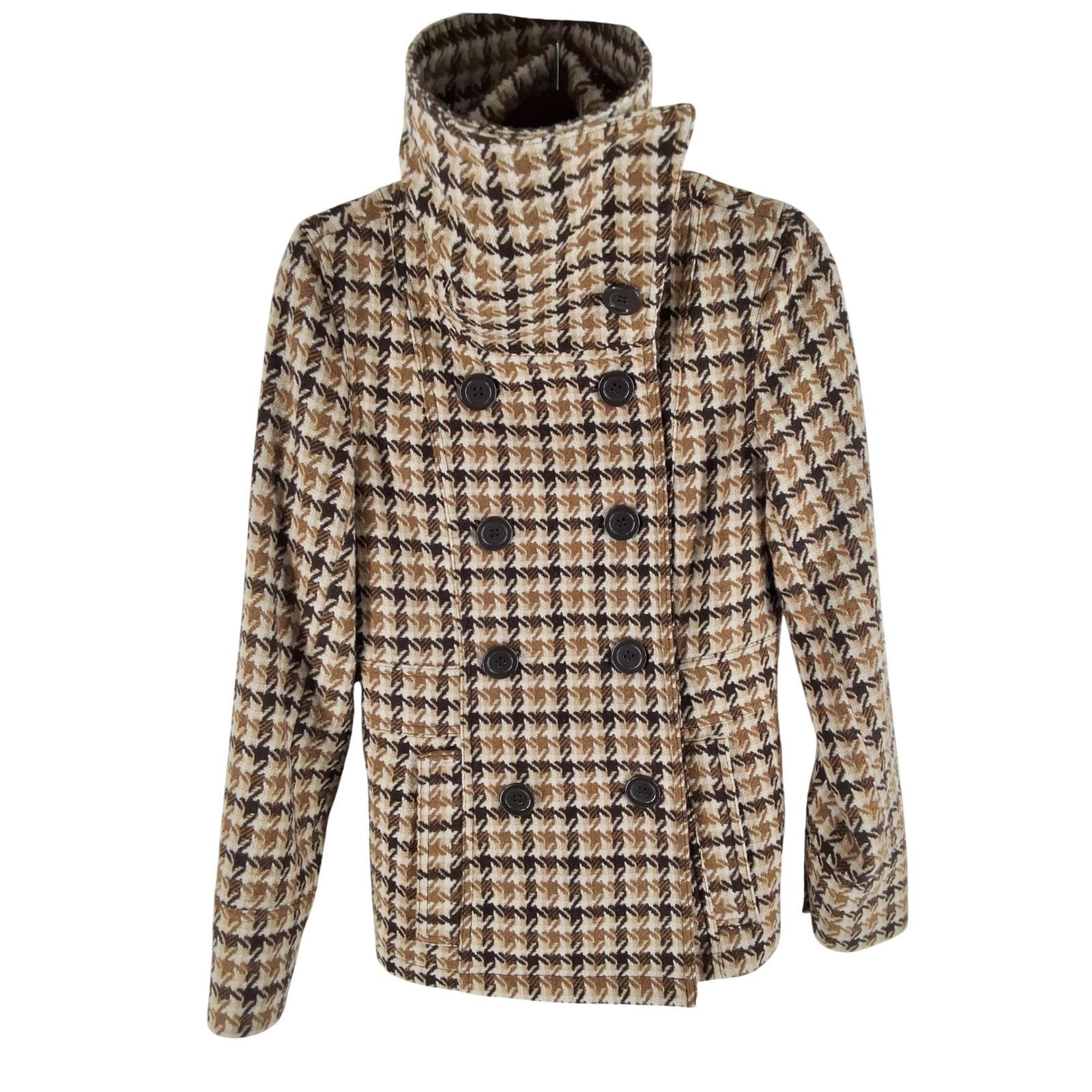 Chadwicks Brown Houndstooth Double Breasted Pea Coat Funnel Neck Jacket Sz 6
