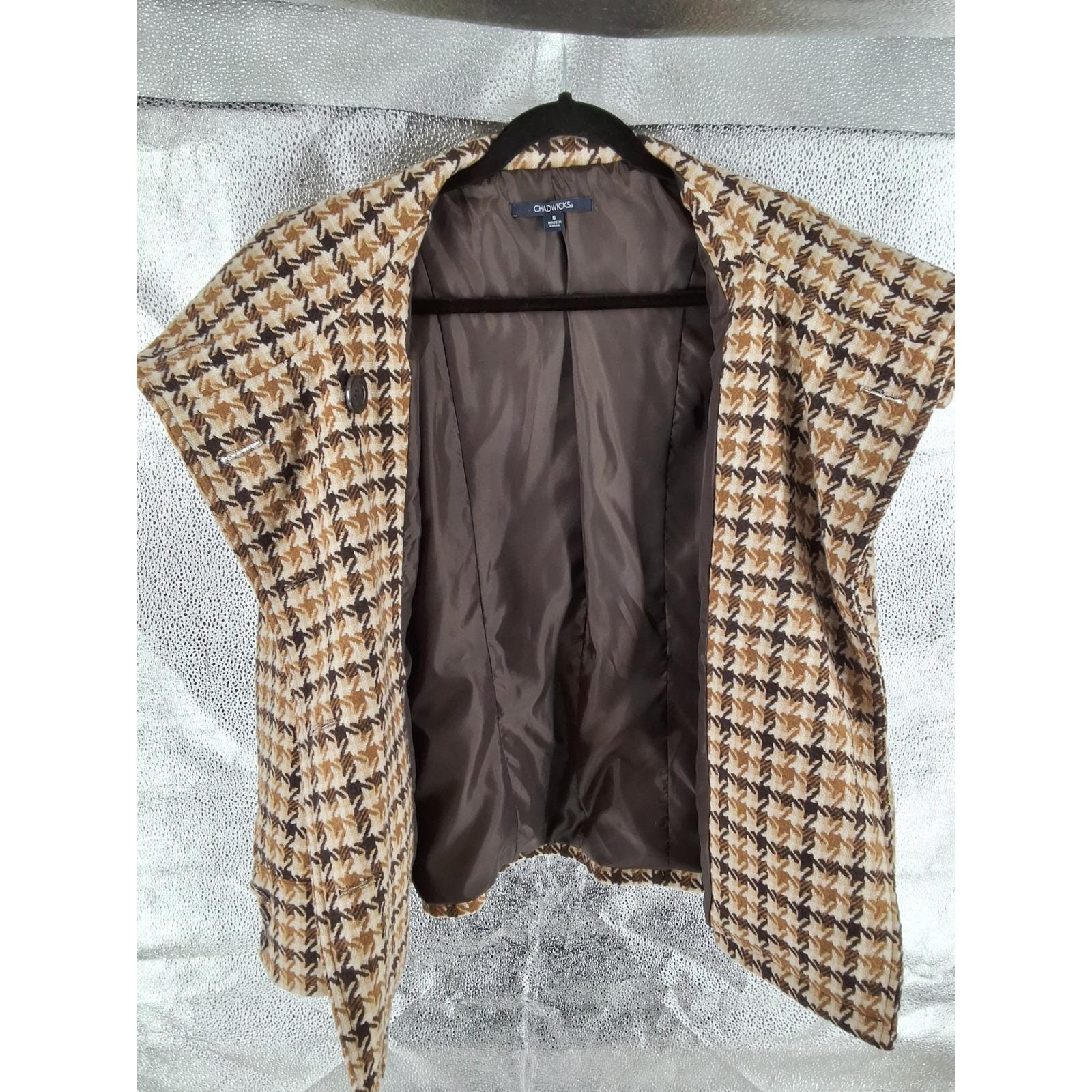 Chadwicks Brown Houndstooth Double Breasted Pea Coat Funnel Neck Jacket Sz 6