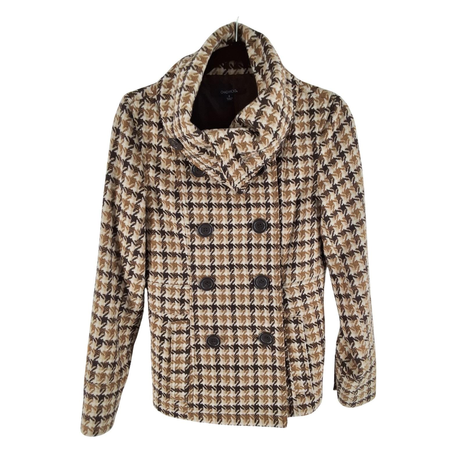 Chadwicks Brown Houndstooth Double Breasted Pea Coat Funnel Neck Jacket Sz 6 - View 4