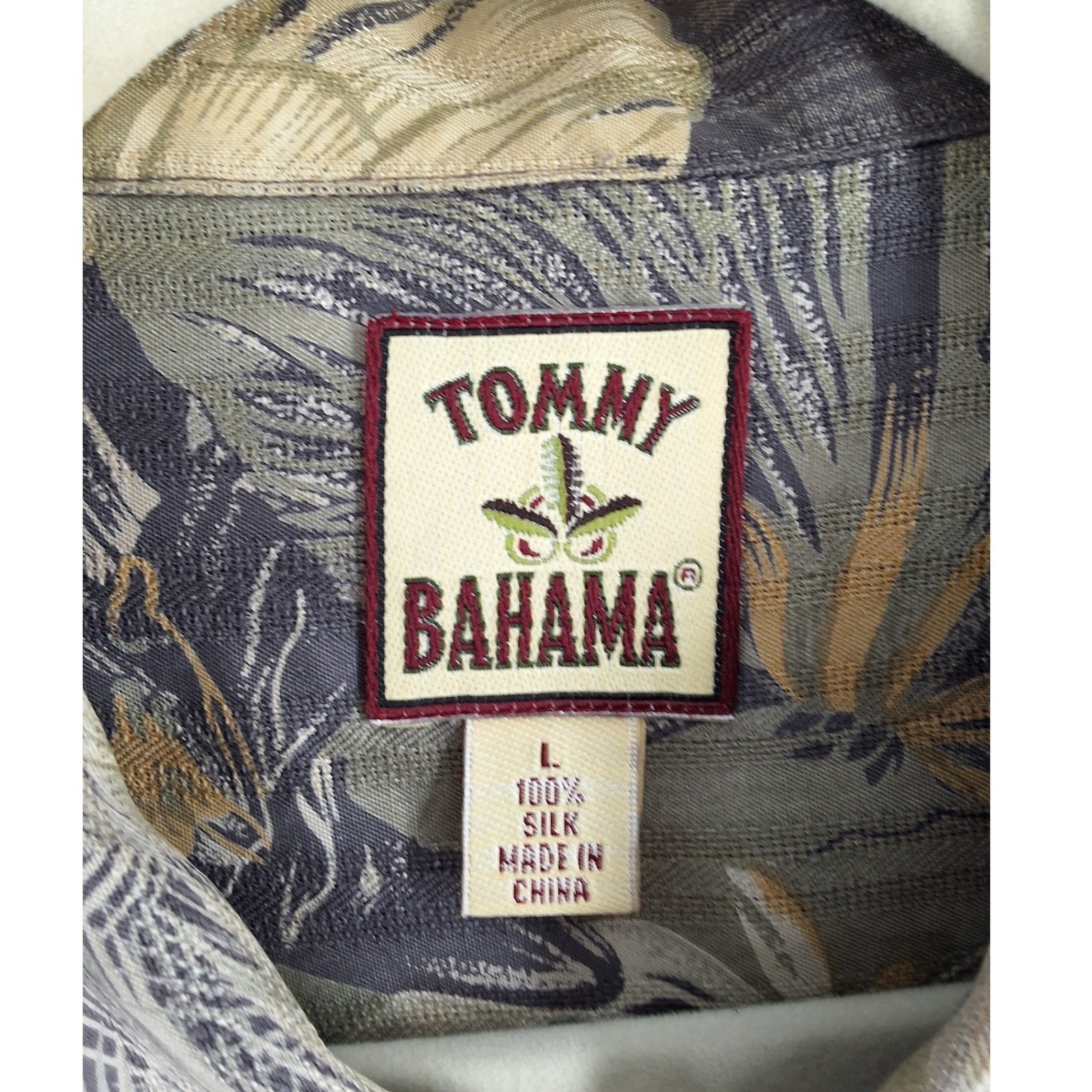 Tommy Bahama Mens L Grey Silk Hawaiian Camp Shirt Hula Palm Tree Print - View 3