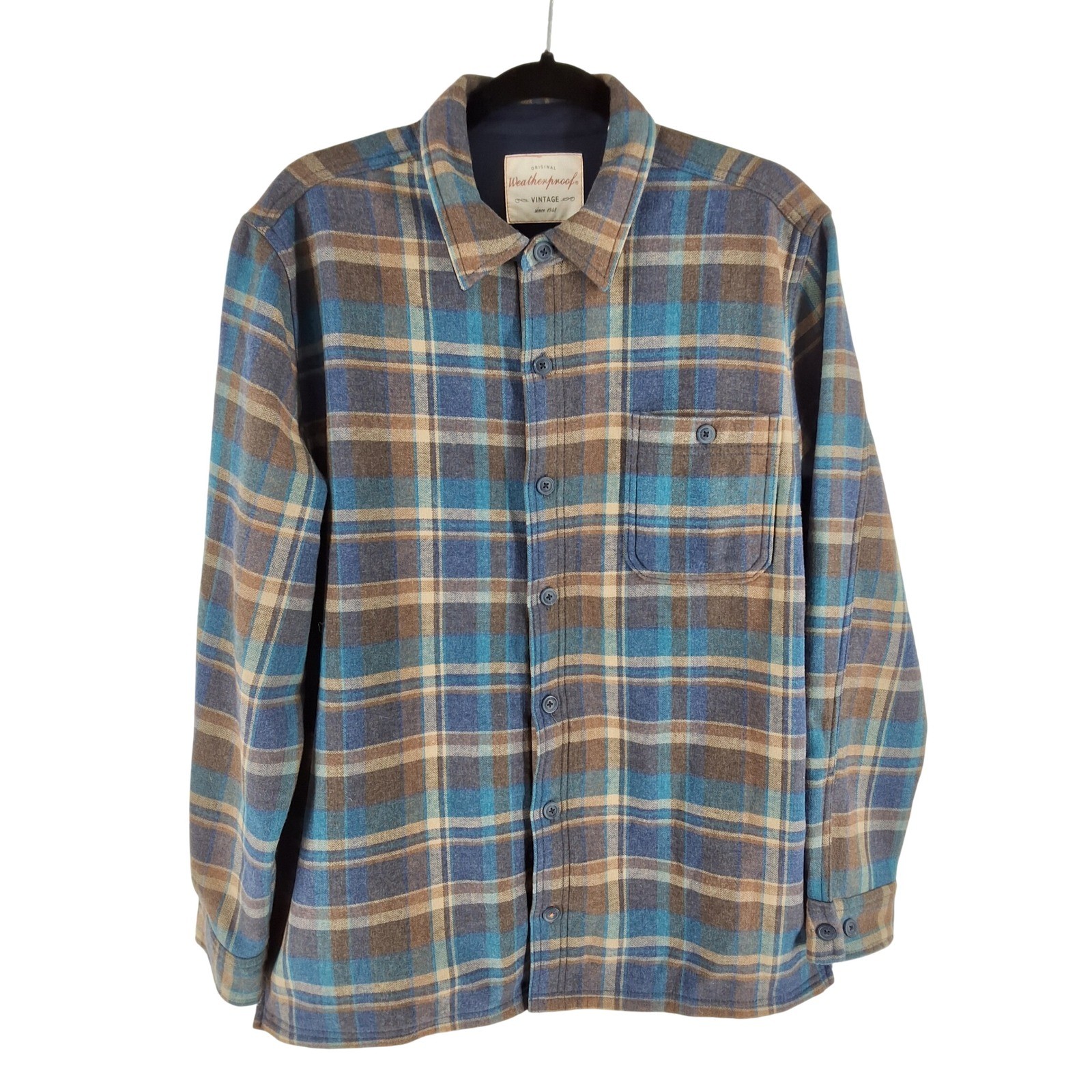 Weatherproof Vintage Mens Blue Brown Plaid Fleece Lined Flannel Shacket L