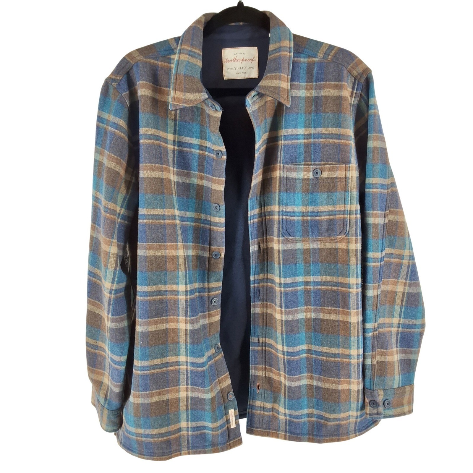 Weatherproof Vintage Mens Blue Brown Plaid Fleece Lined Flannel Shacket L - View 11
